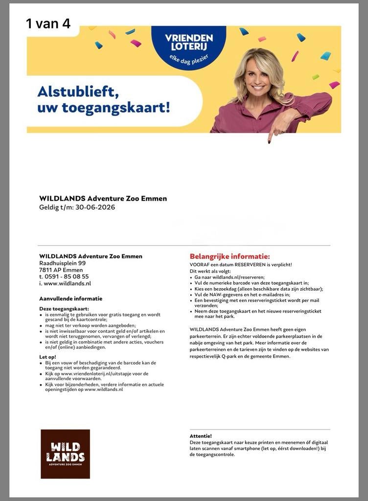 4x ticket Wildlands Emmen, Tickets en Kaartjes, Drie personen of meer, Overige soorten