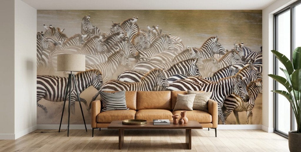 Safari behang woonkamer – zebrakudde op maat, Natuurlijk, 75 m² of meer, Ophalen of Verzenden, Fotobehang
