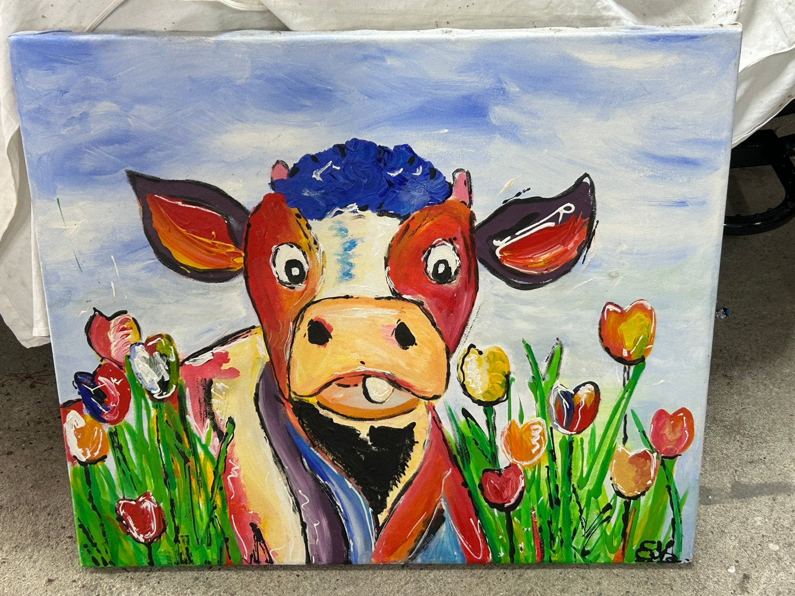 Koe met tulpen - origineel plakaatverf, geen zeefdruk, Ophalen, Acrylverf, Dieren, Op houten frame