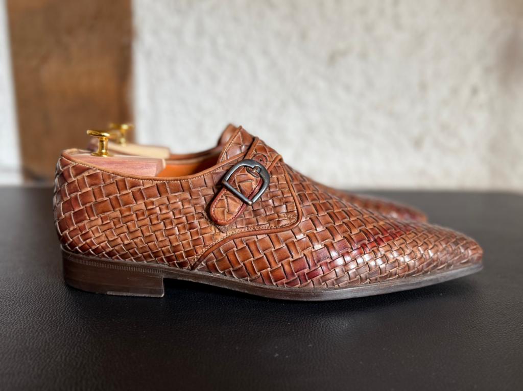 Santoni Single Monk 8,5 (42 / 43) bruin gevlochten leer, Kleding | Heren, Schoenen, Ophalen of Verzenden, Zo goed als nieuw, Bruin