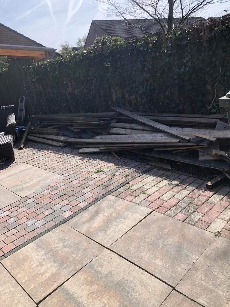 Diverse partij hout: balken en planken tuinhuis, Ophalen of Verzenden, Gebruikt, 250 cm of meer, Balken
