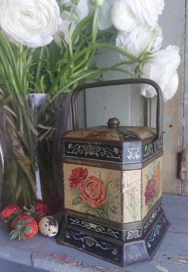 Antiek biscuit blik met hengsel,1905 , bloemen,Barringer, Ophalen of Verzenden