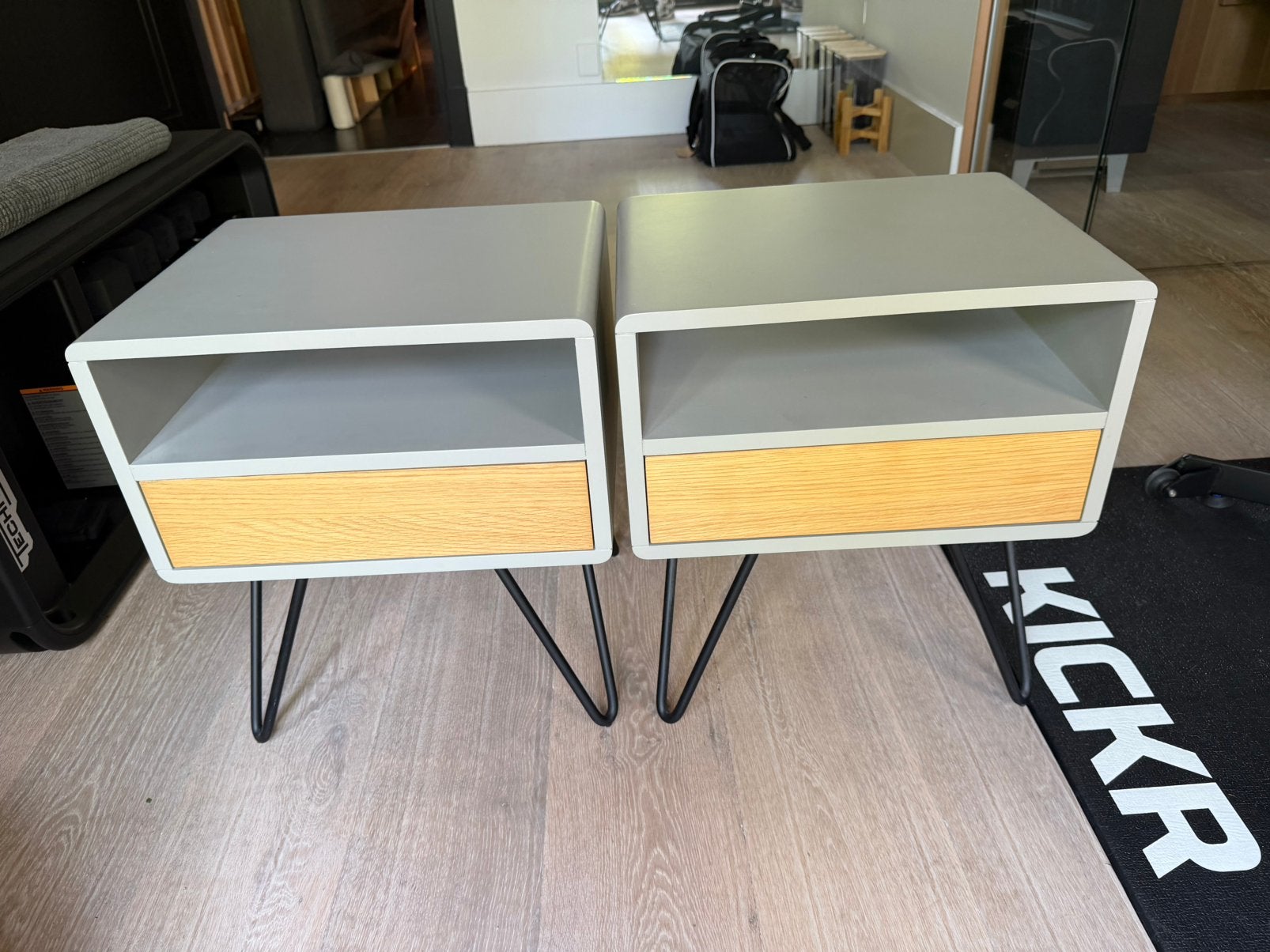 2x Made nachtkastjes met lade en hairpin poten, Ophalen, Minder dan 45 cm, Zo goed als nieuw, Minder dan 55 cm