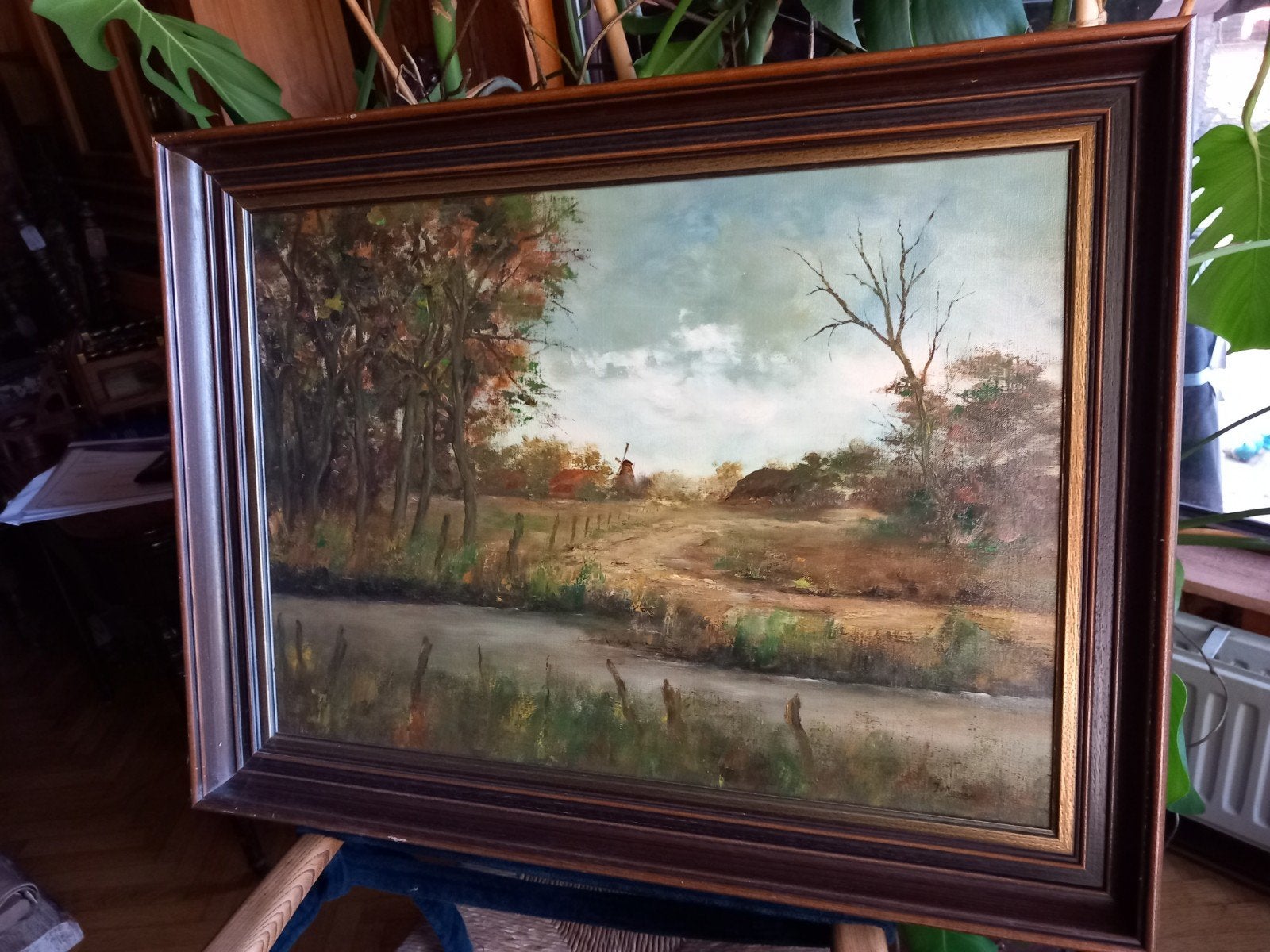Schilderij: Hollands Landschap met Molen - Gesigneerd, Doek, Realistisch, Ophalen of Verzenden, Gesigneerd
