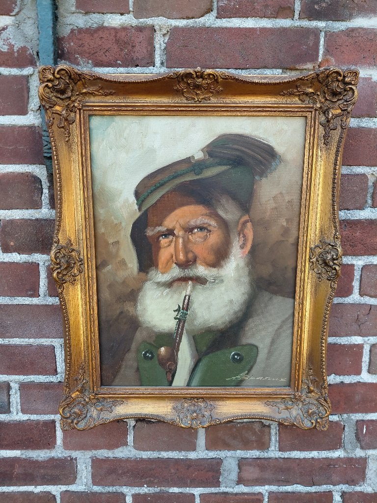 Schilderij, portret van een jager met pijp., Antiek en Kunst, Kunst | Schilderijen | Klassiek, Portret of Personen, Bijzondere lijst