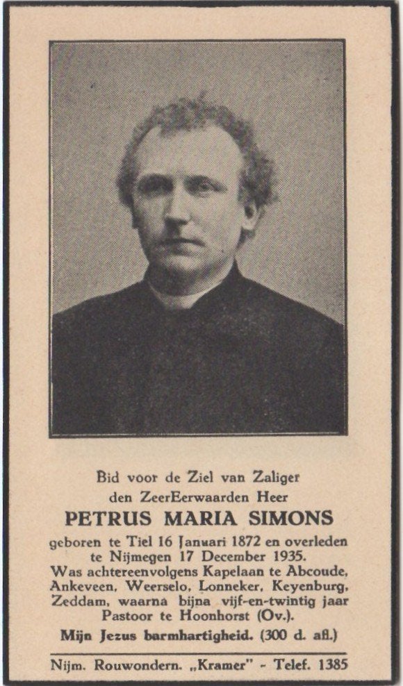 Zeddam / Petrus M. Simons 1872 Tiel + 1935 Nijmegen, 63 jaar, Ophalen of Verzenden