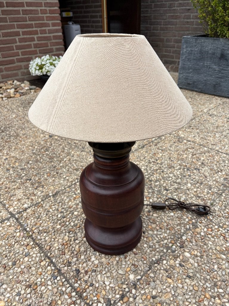 Vintage houten tafellamp met linnen kap, Beige, Gebruikt, Overige merken, Vintage