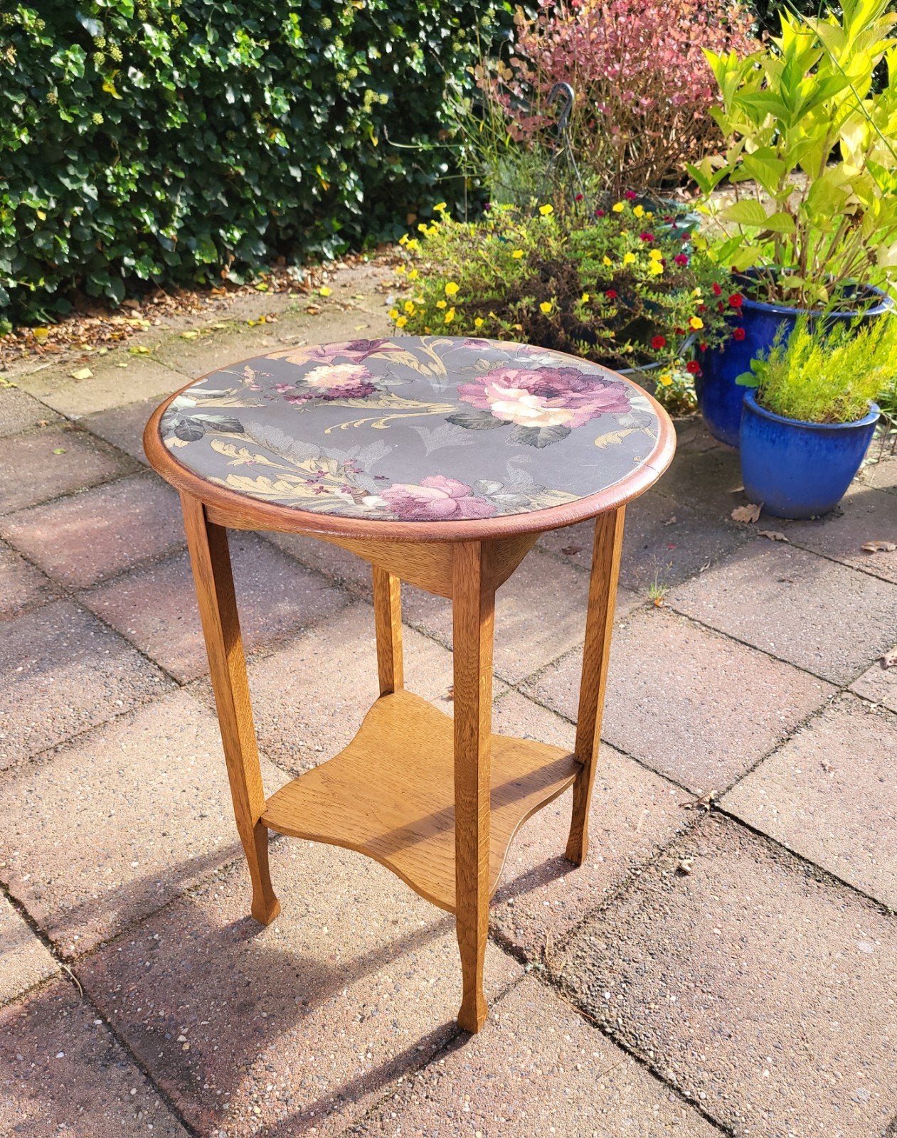Plantentafel, rond met bloemen, Art Deco, eiken, Ophalen