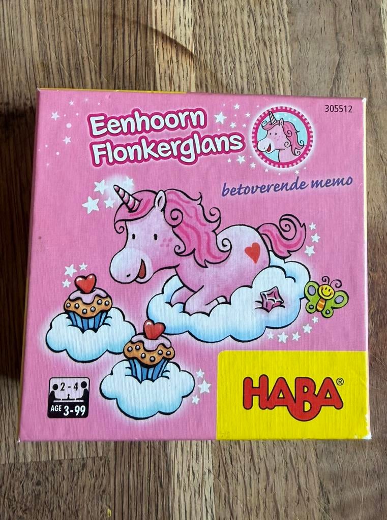 HABA eenhoorn flonkerglans memorie spel, Ophalen, Zo goed als nieuw