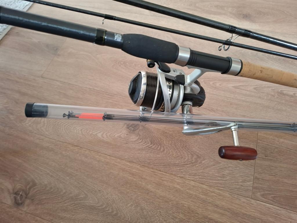 Shimano Speedmaster Feeder 3.65/4.26m + Mitchell 7500, Ophalen of Verzenden, Gebruikt, Complete hengel