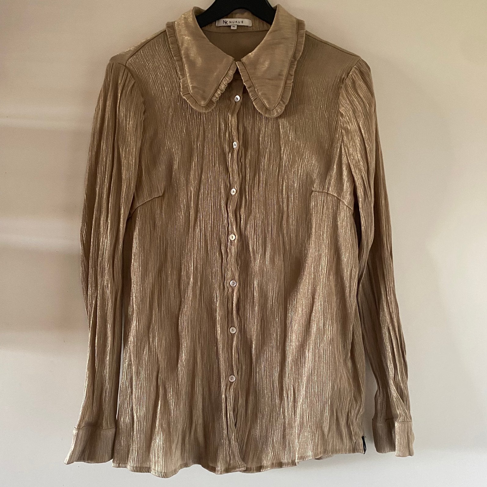 NUKUS GOUDKLEURIGE BLOUSE XL (M-L), Ophalen of Verzenden, Gedragen, Maat 42/44 (L), Beige