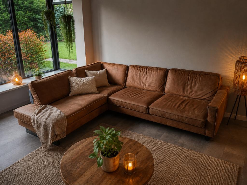Leren cognac hoekbank van microleder – 290 x 220 cm leer, Ophalen, 250 tot 300 cm, Gebruikt, Hoekbank