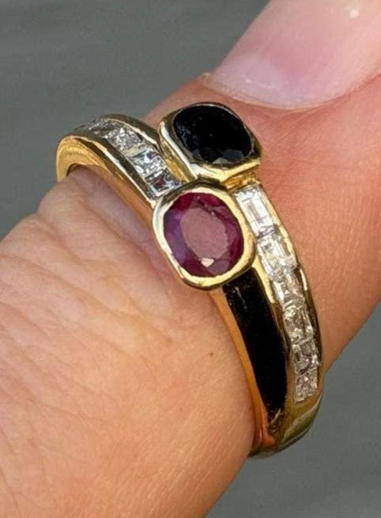 18K gouden ring met natuurlijke diamanten, saffier, robijn!, 19 tot 20, Ophalen of Verzenden, Met edelsteen, Dame