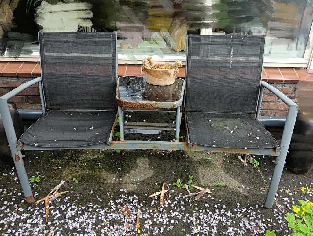 Tuinbankje met tafel 2 persoons, Tuin en Terras, Tuinstoelen, Ophalen, Gebruikt, Hout