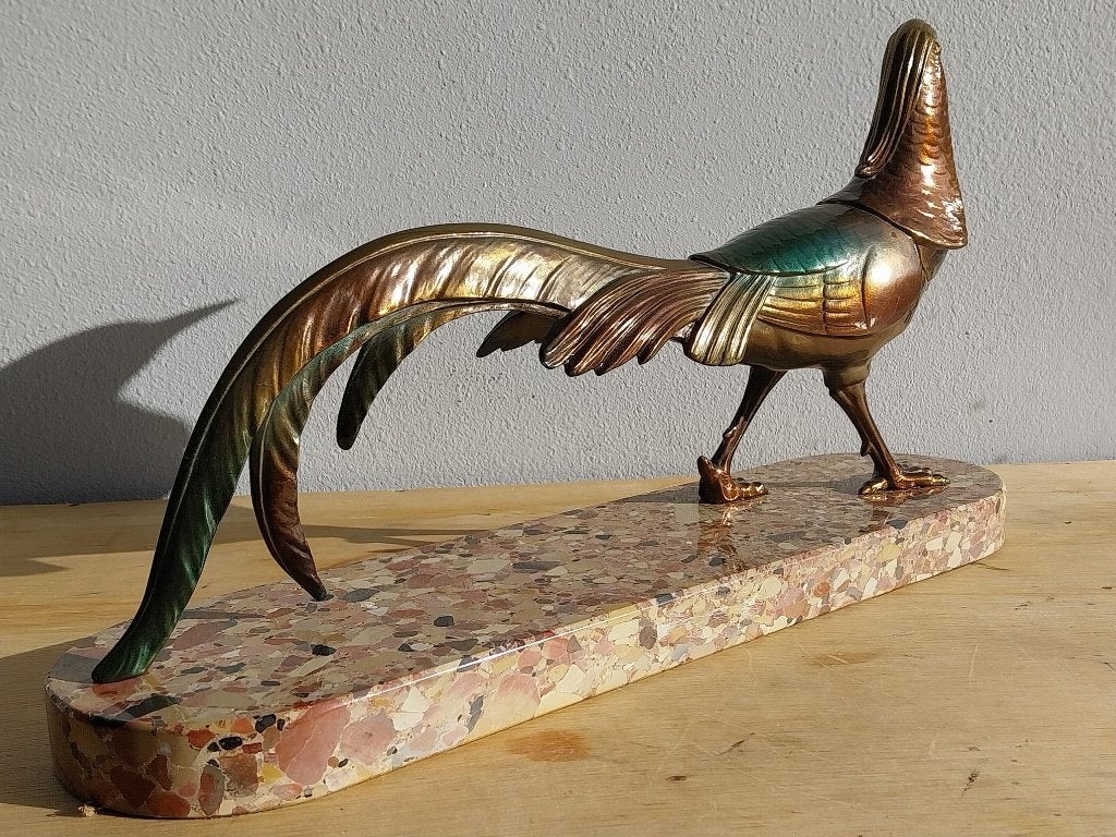 Art Deco fazant op terrazzo sokkel 49 cm, Art deco, Gepatineerd, Ophalen of Verzenden, Beeld