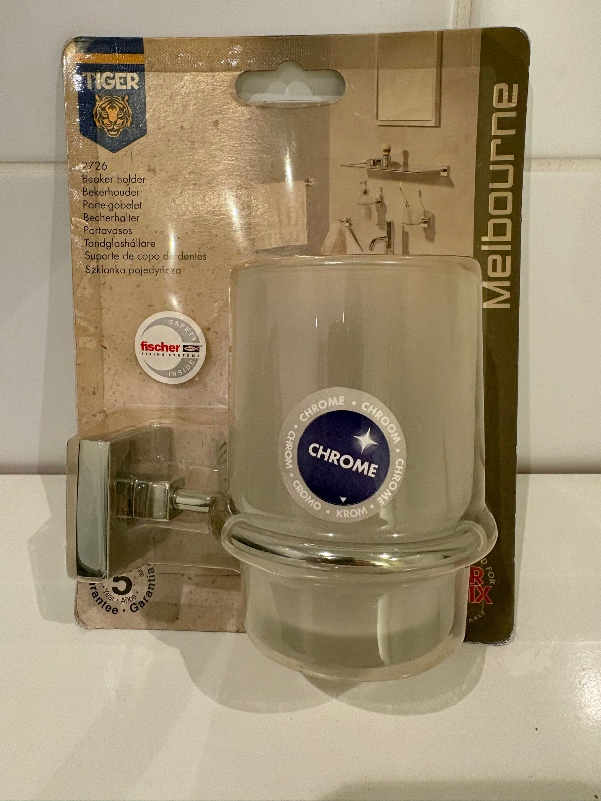 Tiger Melbourne Bekerhouder met Beker - Chroom, Toilet-accessoire, Overige merken, Nieuw, Ophalen of Verzenden
