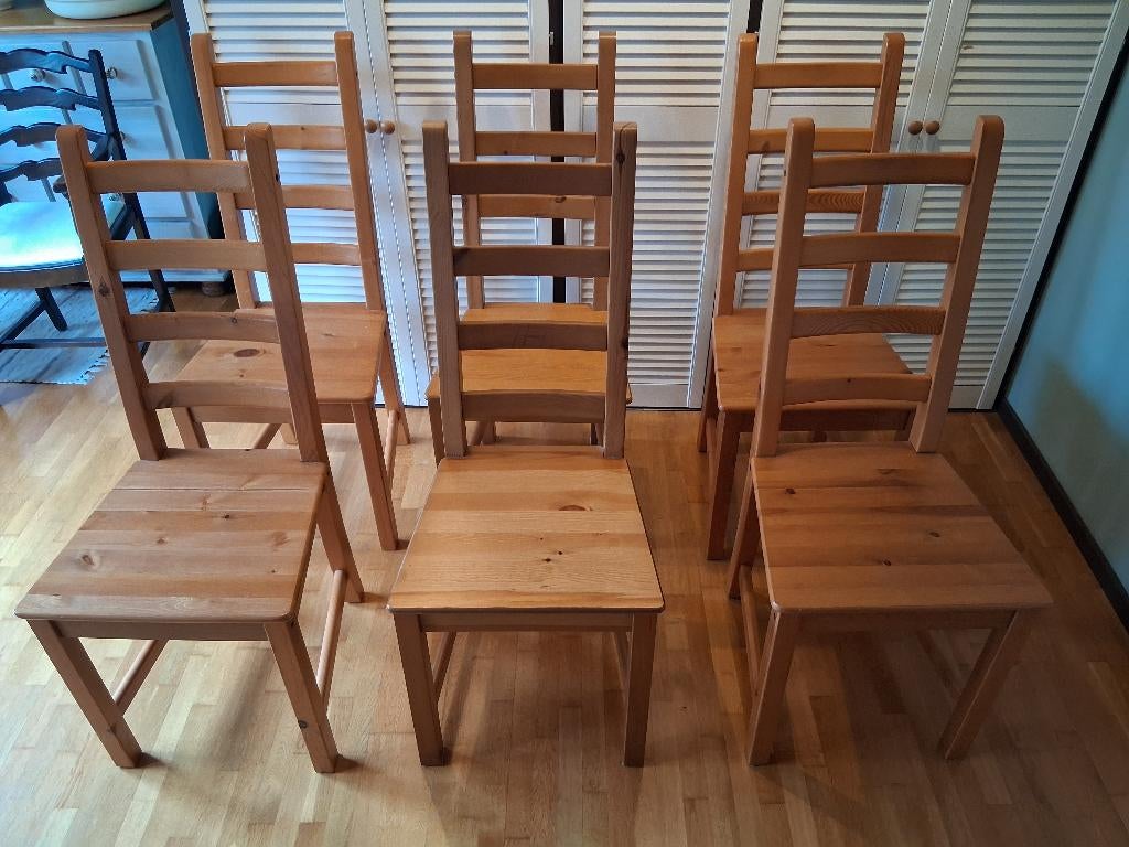 Eetkamerstoelen grenen - 6 stuks - Ikea - Kaustby, Huis en Inrichting, Ophalen, Gebruikt, Bruin, Landelijk