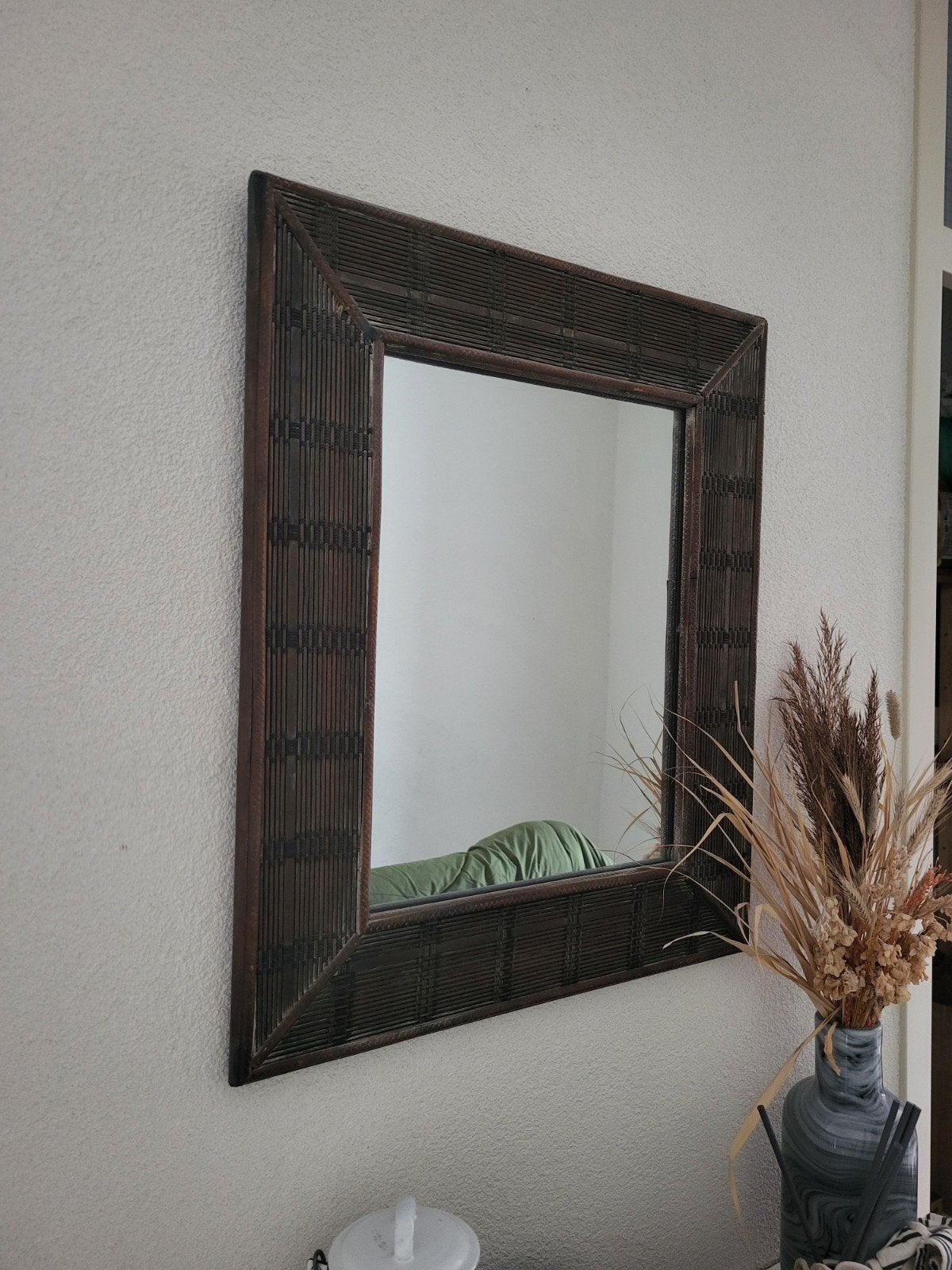 Spiegel met bruine bamboe frame, Gebruikt, Ophalen of Verzenden, Minder dan 100 cm, Rechthoekig
