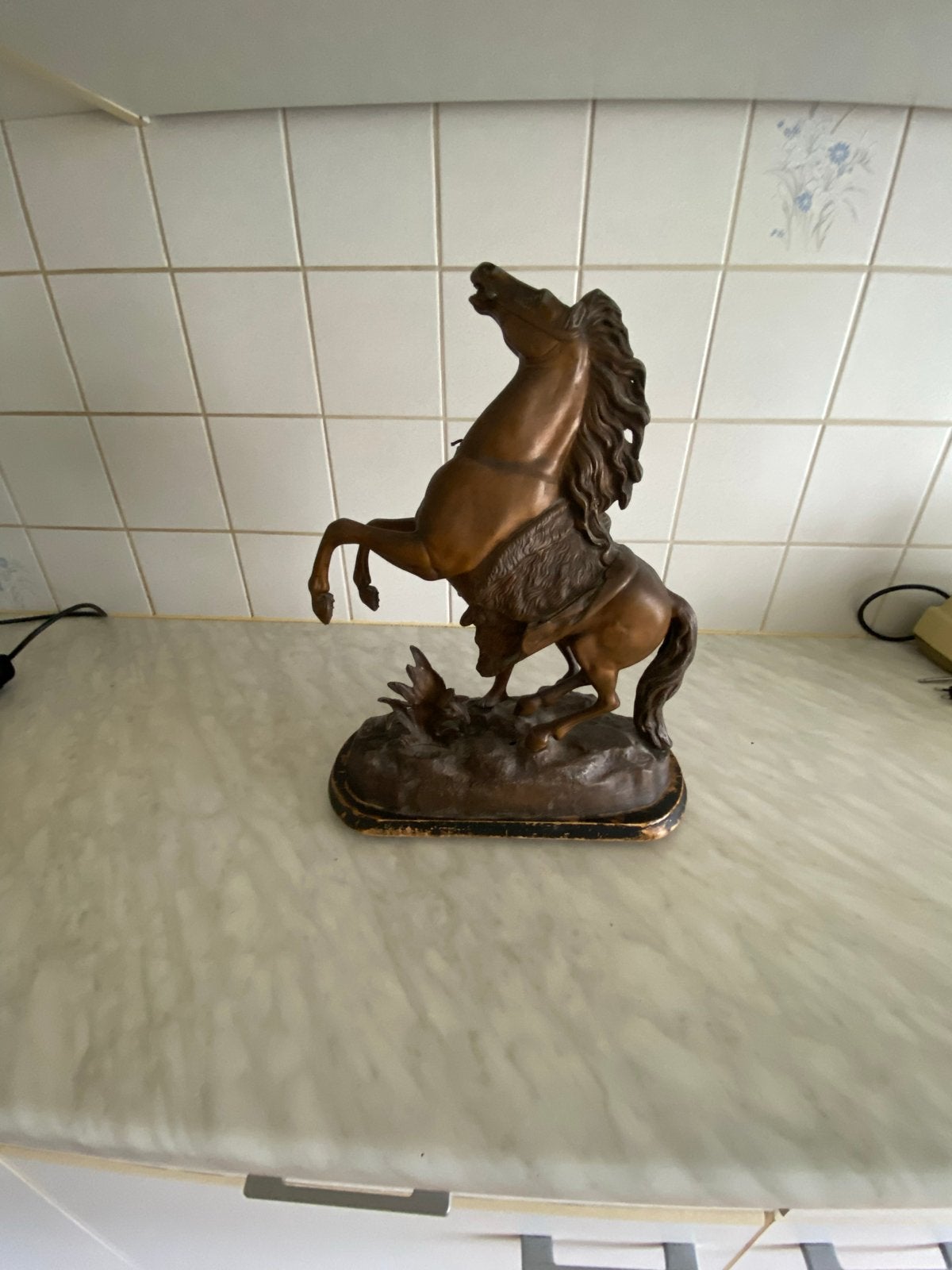 Bronzen beeld: Steigerend paard met ruiter, Ophalen, 20 - 50 cm, Beeld, Bruin