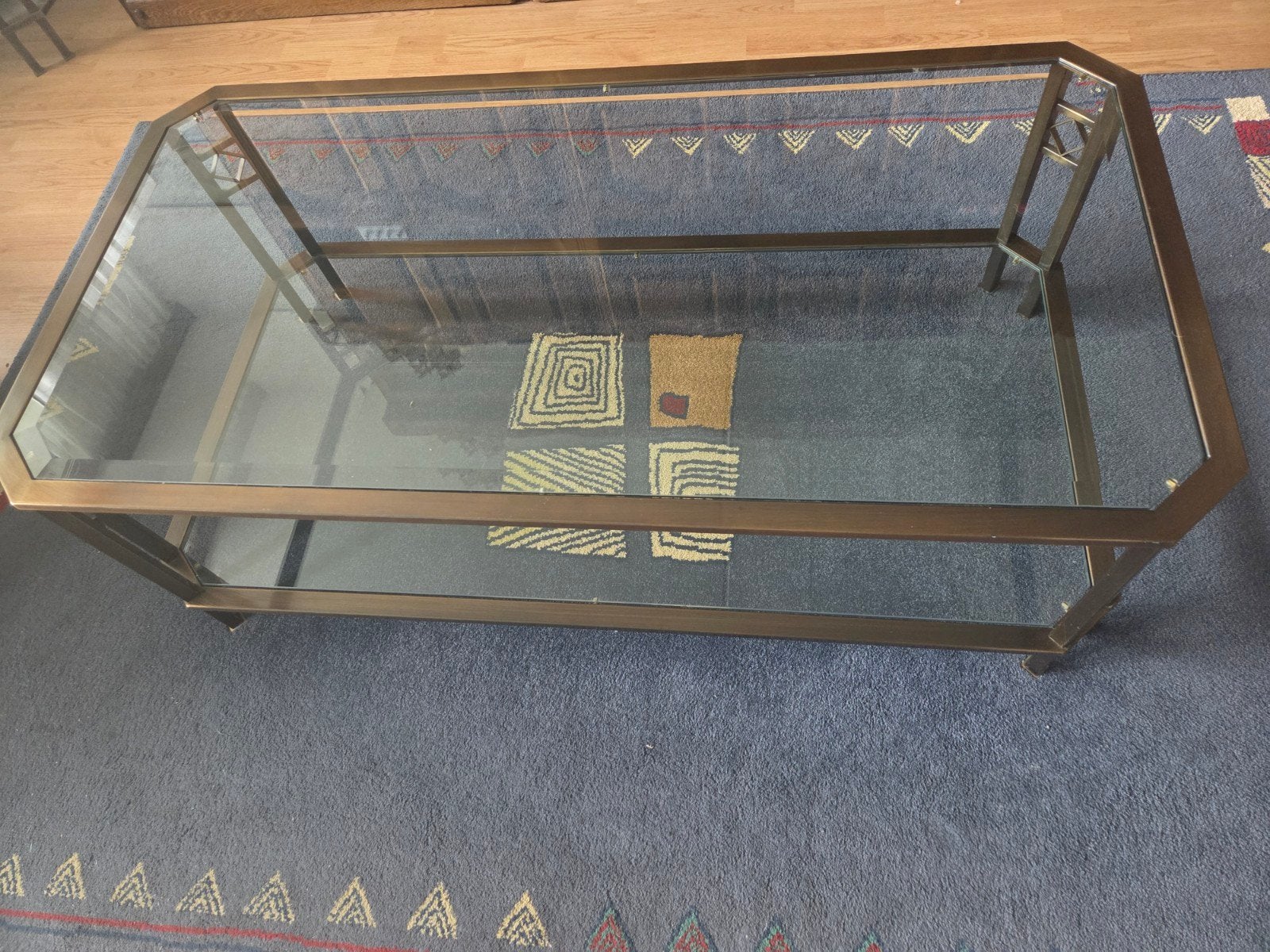 Luxe Glazen Salon Tafel met messing Onderstel, Ophalen, Klassiek, Modern, Tijdloos, Vintage, Retro, Styl, Stijl, Luxe, 100 tot 150 cm