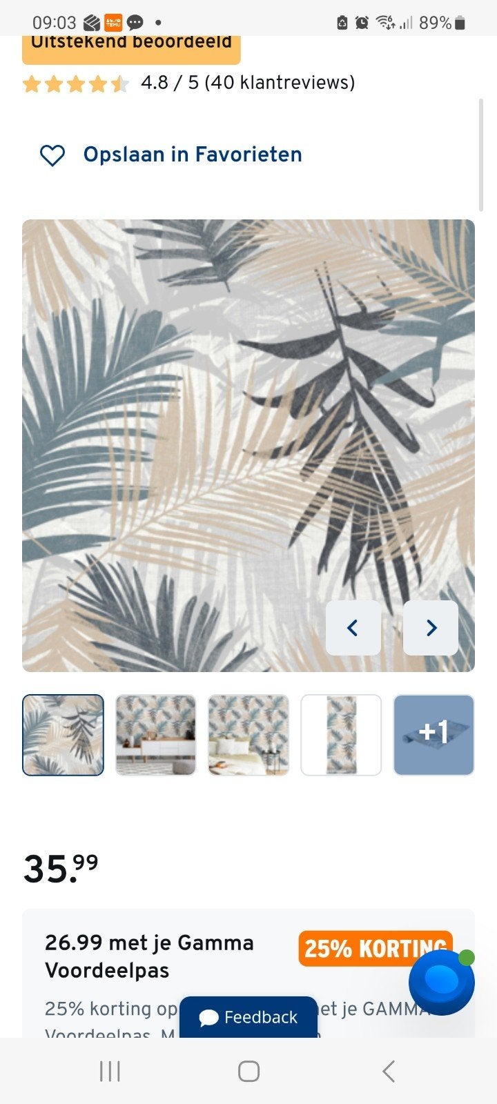 2 Nieuwe Rollen Boutique Luxury Behang met Palmbladprint, Huis en Inrichting, Stoffering | Behang, Ophalen of Verzenden, Grijs