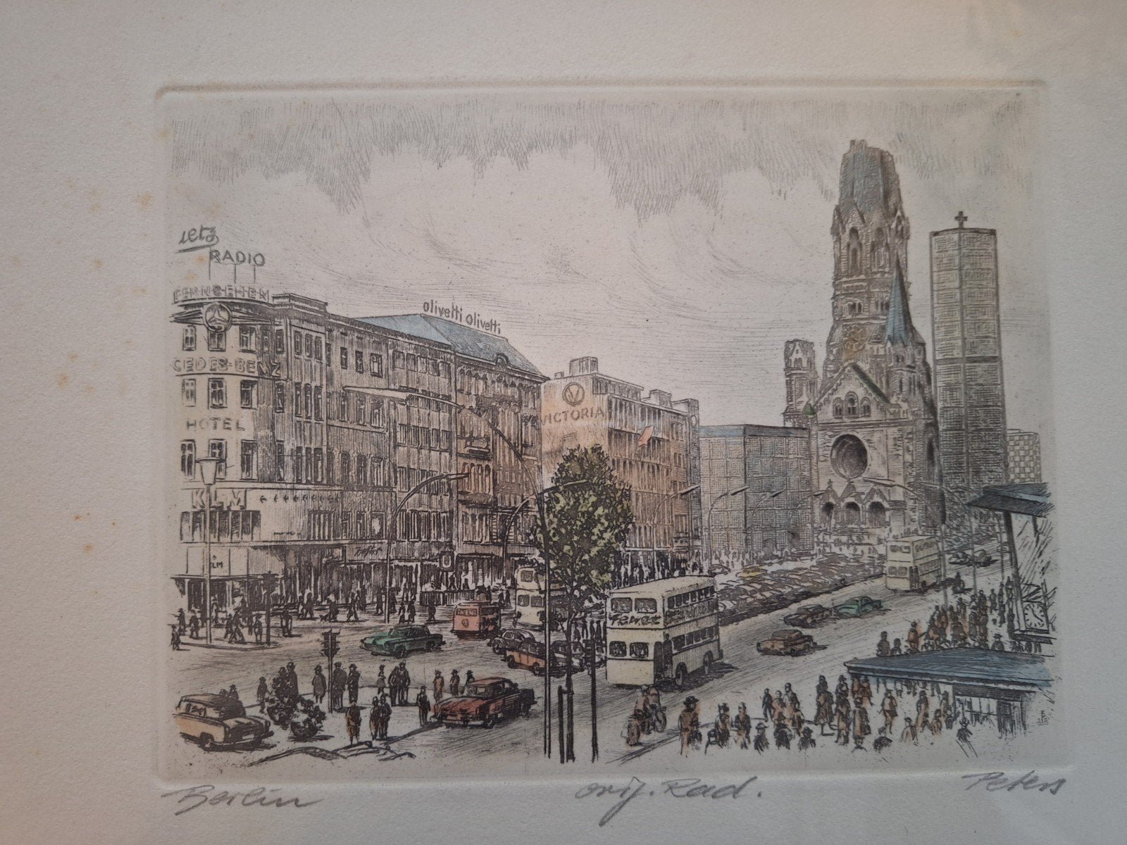 Zeefdruk van Berlijn met de gebombardeerde kerk, Ophalen of Verzenden