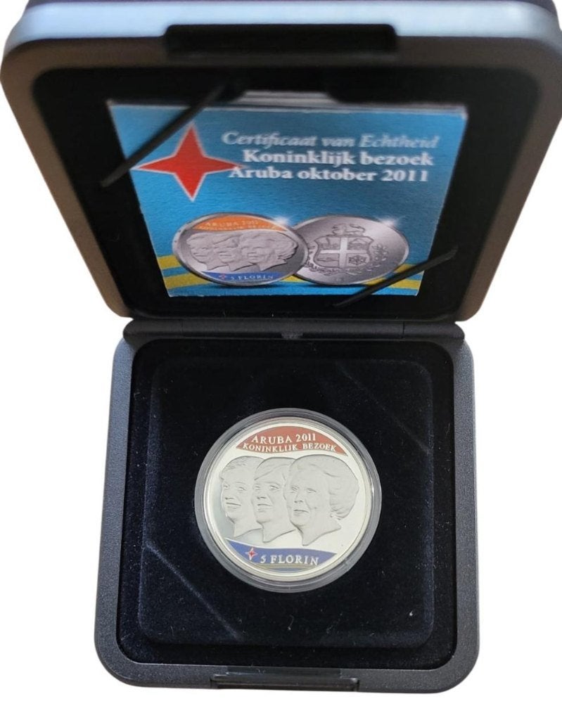 Aruba 5 Florin 2011 Koninklijk bezoek in doosje, Ophalen of Verzenden, Zuid-Amerika, Losse munt, Zilver