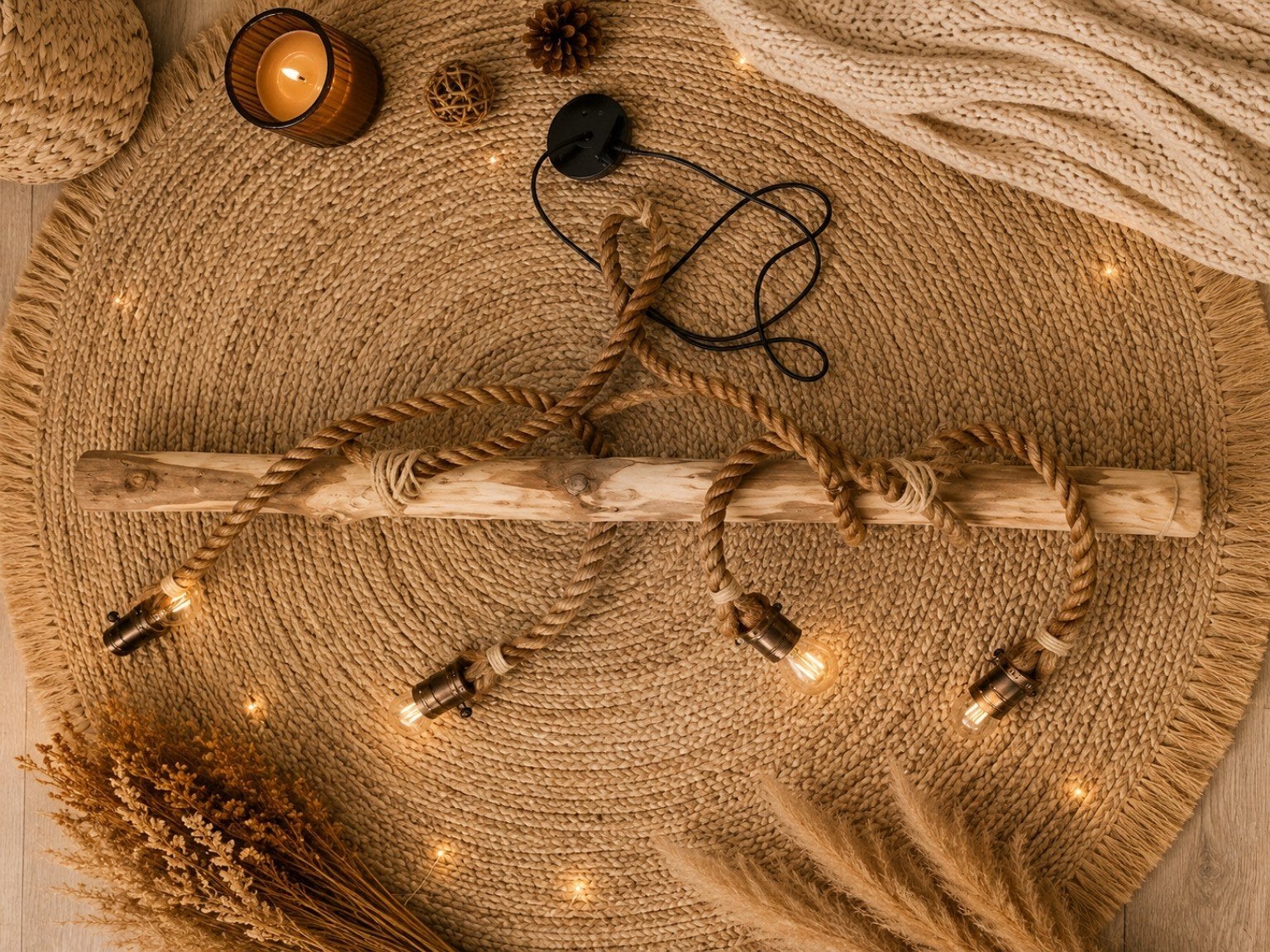 Rustieke houten hanglamp met touw – 120 cm – 4 lichtpunten, Ophalen, Gebruikt, Natuurlijk materiaal, Overige fittingen