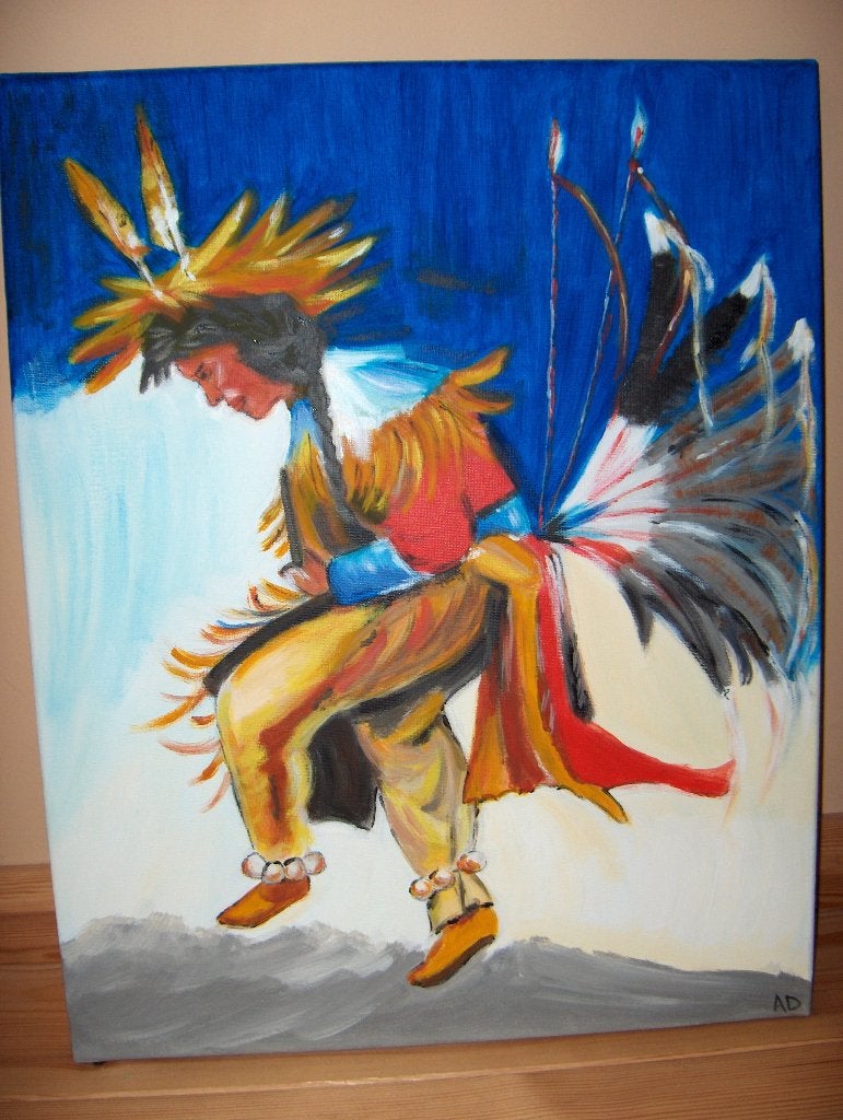 Dansende indiaan, Antiek en Kunst, Kunst | Schilderijen | Modern, Handgeschilderd, Ophalen of Verzenden, Textiel, Figuren