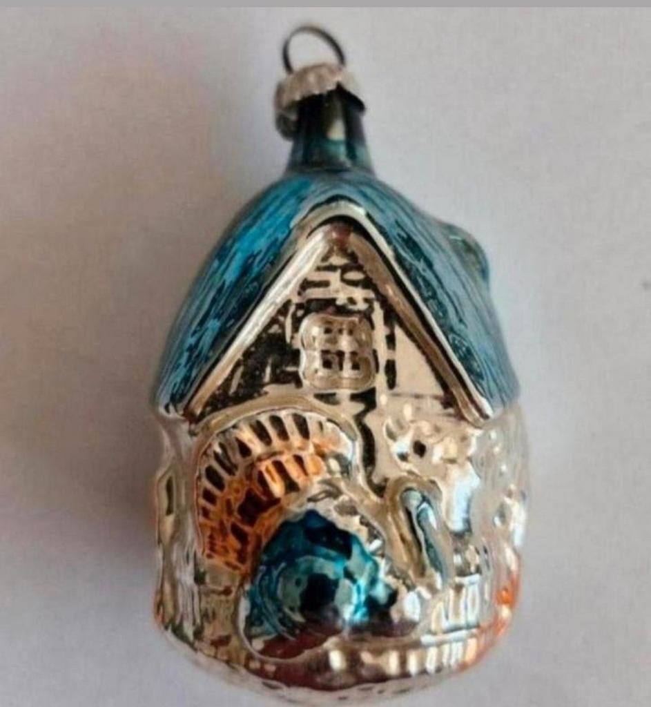 Oude Kerstbal Huisje met Blauw dak en Kalkoen, Ophalen of Verzenden