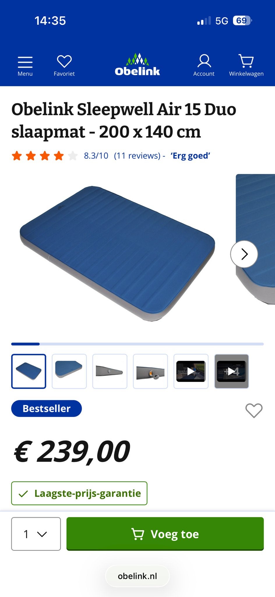 Obelink Sleepwell Air 15 Duo zelfopblazende slaapmat, Ophalen, Zo goed als nieuw