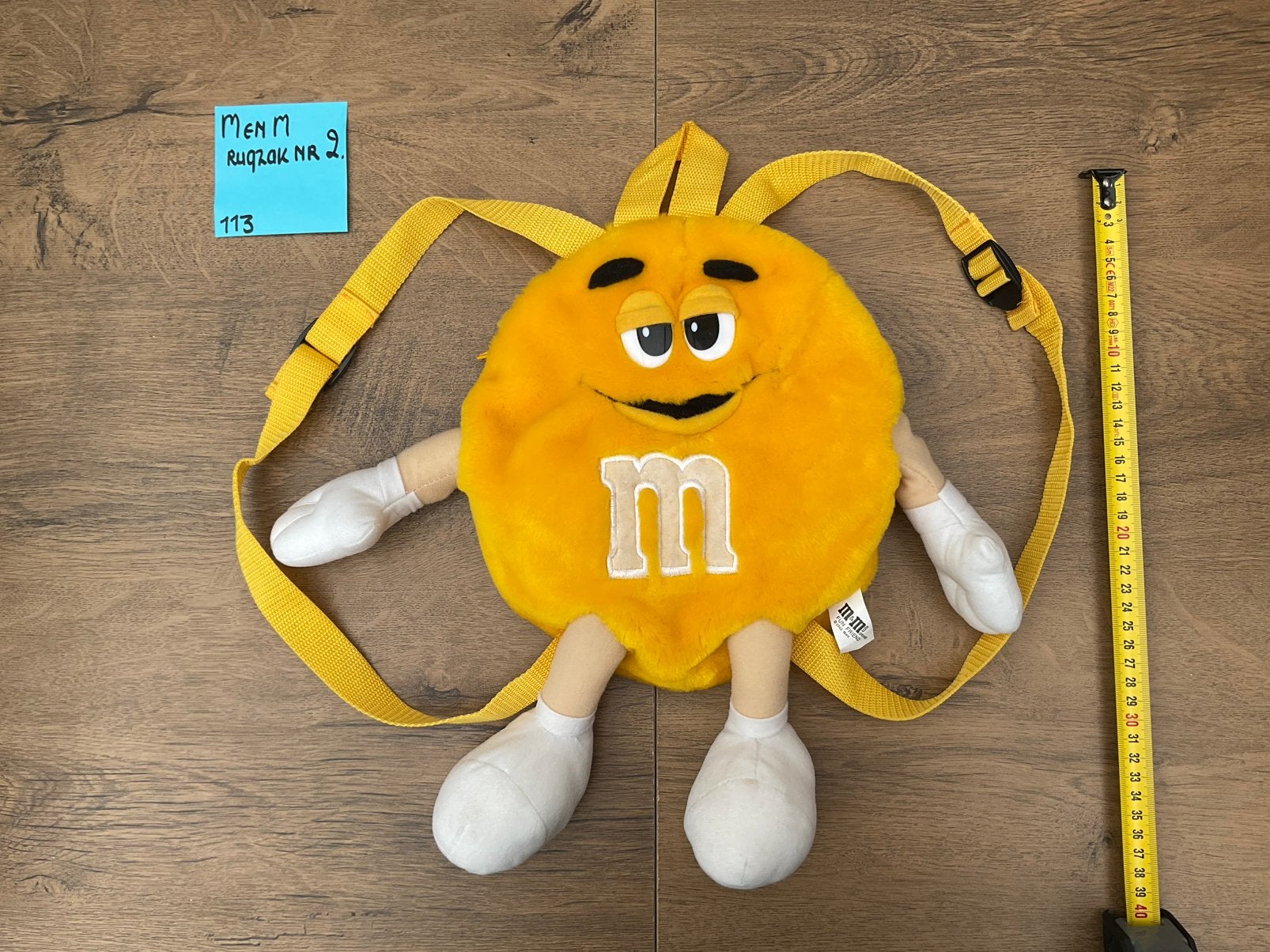 Zgan, niet kapot, gele pluche MenM of M&M knuffel rugzak, Verzamelen, Ophalen, Zo goed als nieuw, Gebruiksvoorwerp