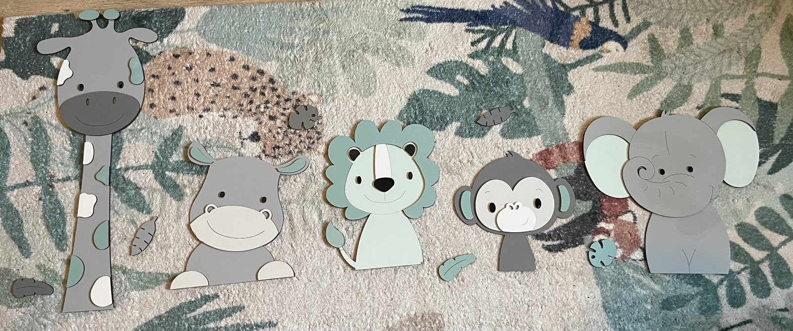 5 Houten jungle dieren wanddecoratie kinderkamer 115 cm, Ophalen of Verzenden, Gebruikt, Wanddecoratie