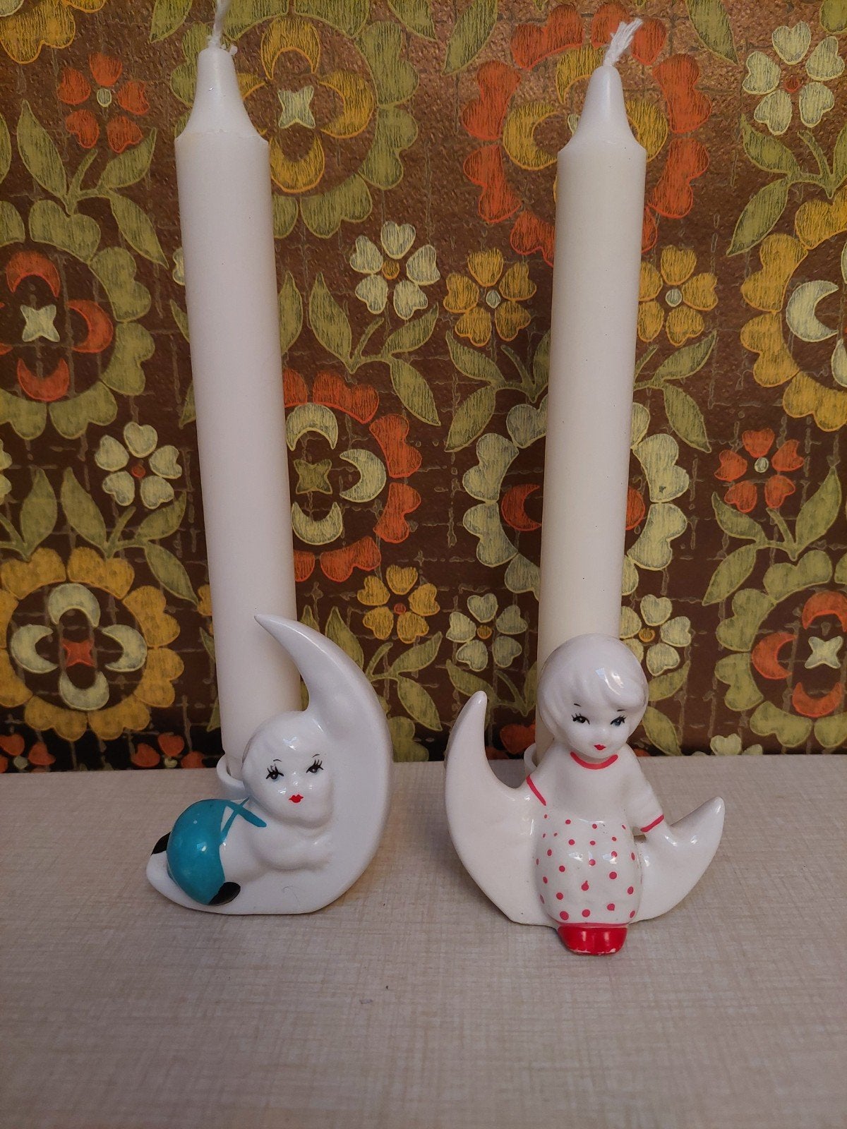 Vintage kaarsenhouders meisje jongen maan, Ophalen of Verzenden, Keramiek of Aardewerk