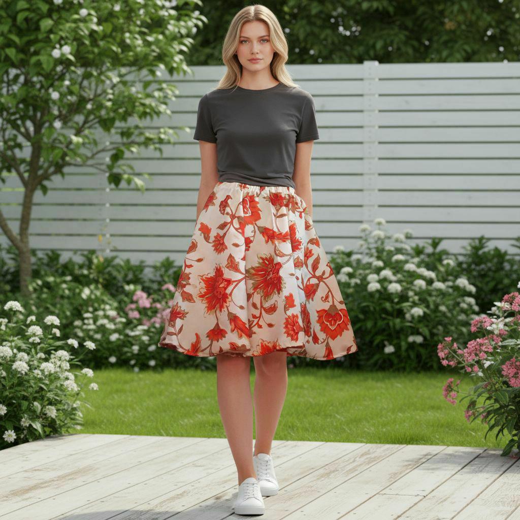 Zwierige rok oranje bloemen recycled past mt 38 tot ca 46, Maat 38/40 (M), Overige kleuren, -, -