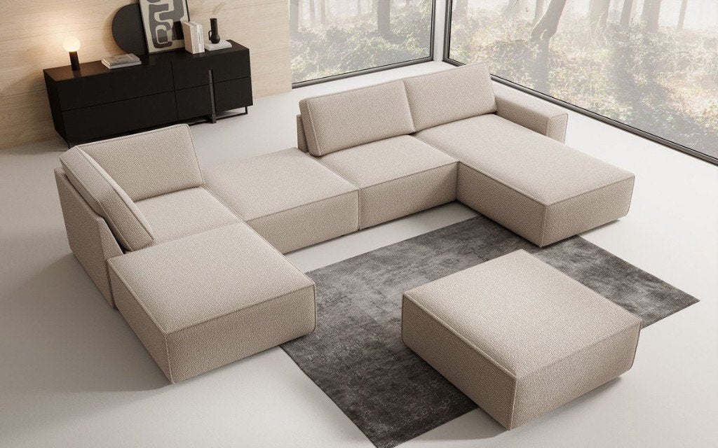 Meubella Delvanio U-bank beige bouclé, lounge rechts, Ophalen, Gebruikt, Hoekbank, 300 cm of meer