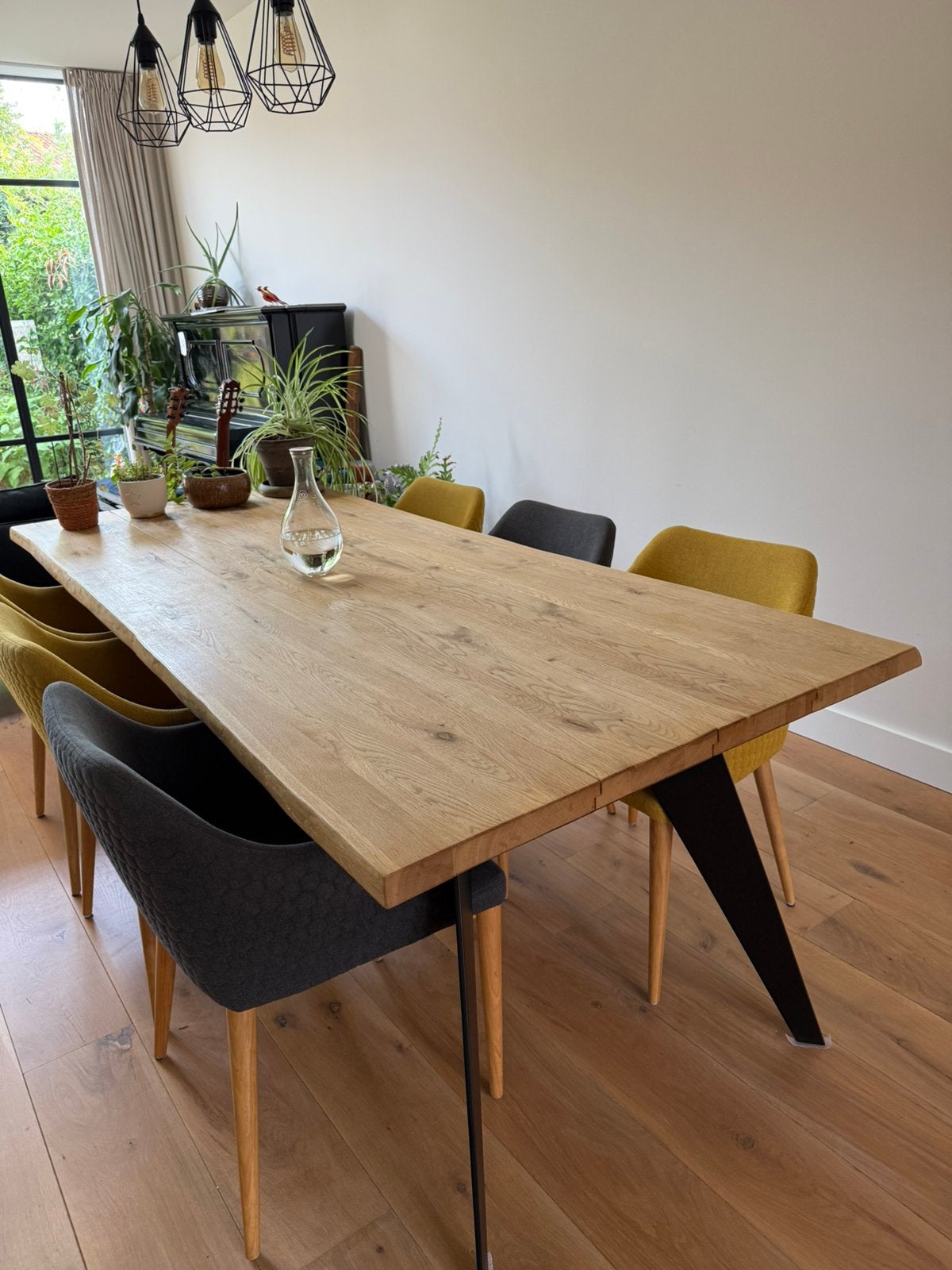 Tafel 100x220 eikenhout blad met stalen voet, Ophalen, Eikenhout, 200 cm of meer, 50 tot 100 cm