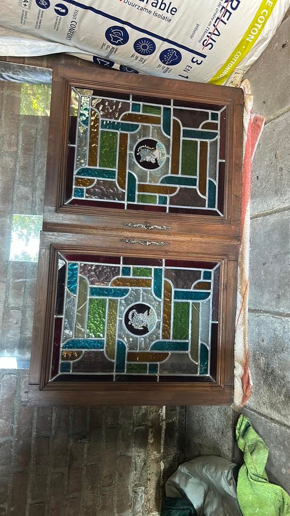 Antieke glas in lood kastdeurtjes, Ophalen, Gebruikt, Minder dan 80 cm, Overige typen