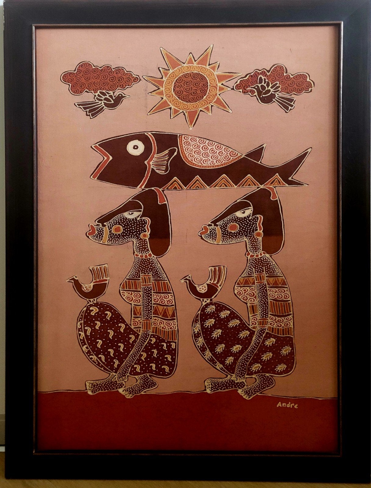origineel batikdoek, ingelijst, Ophalen, Gesigneerd, Batik, Doek