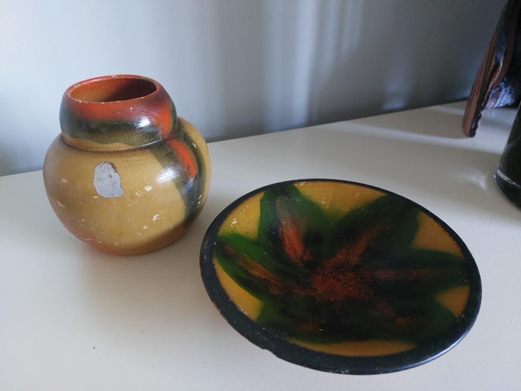 Prachtige vintage aardewerk set met spuitglazuur, Ophalen of Verzenden