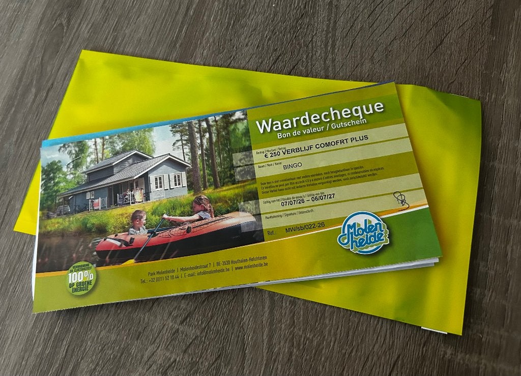50 euro gratis: waardebon beste vakantiepark België🇧🇪, Drie personen of meer, Cadeaubon, Bungalowpark