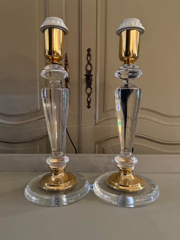 Set lampenvoeten Hollywood Regency, twee schemerlampen VdlM, Ophalen of Verzenden, Zo goed als nieuw, Hotel Chic Chique lampjes messing bedlampjes transparant