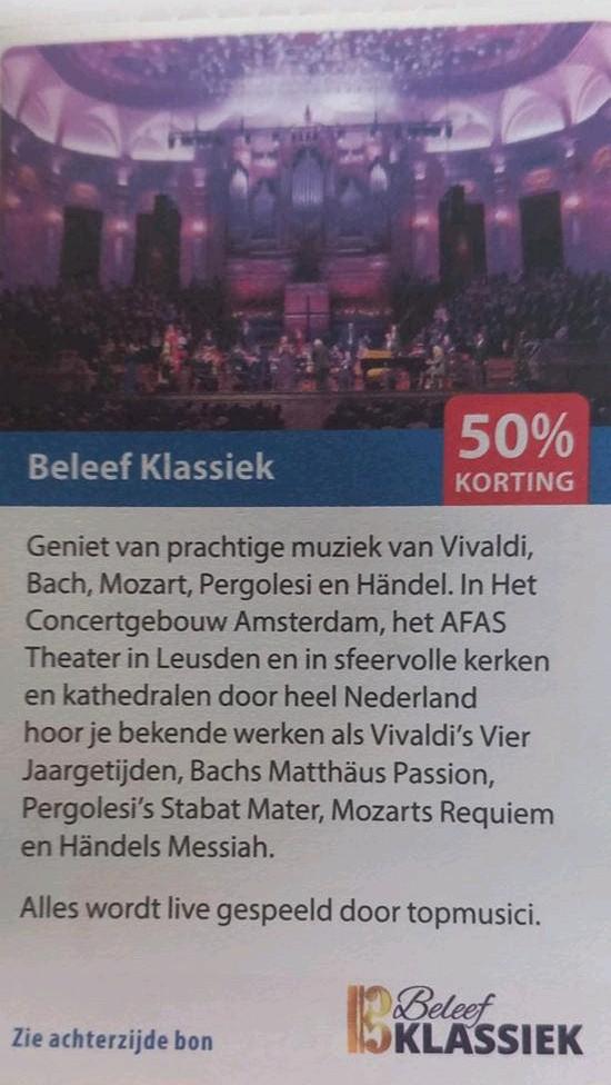 Beleef klassiek 150 euro/ 50 % korting op 80 versc concerten, Eén persoon
