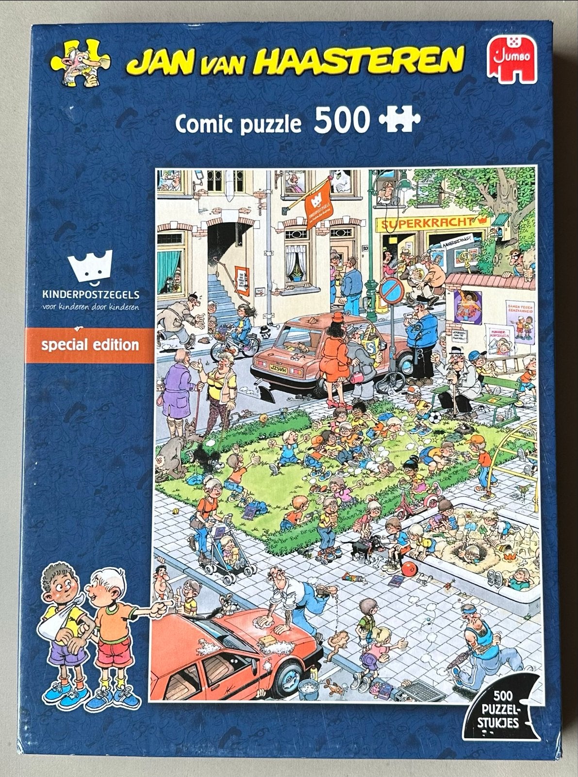 500 stukjes, Jan van Haasteren - Kinderpostzegels, Ophalen of Verzenden, 500 t/m 1500 stukjes, Zo goed als nieuw, Legpuzzel