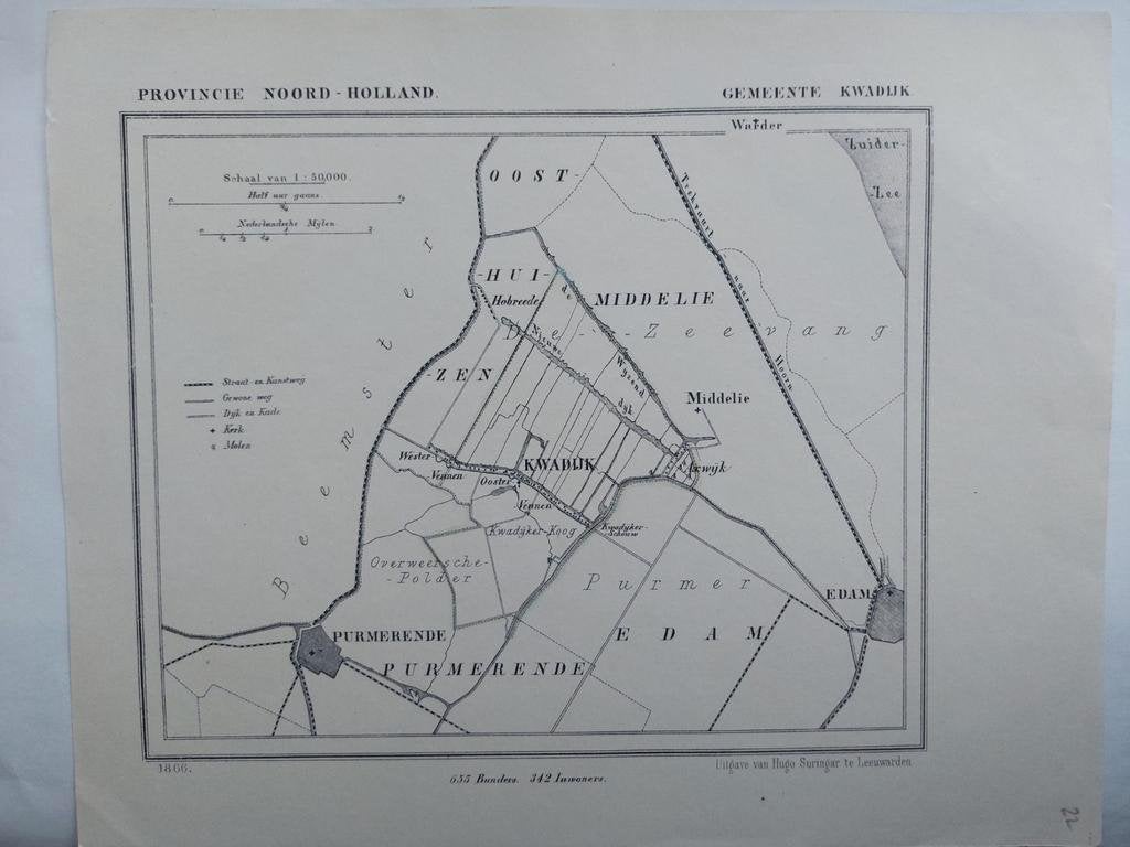 22 / Kwadijk Purmerend Edam Middelie Litho 1866 van J Kuyper, Ophalen of Verzenden