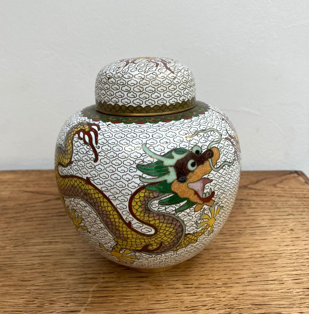 Chinese Cloisonne gemberpot 2 draken met de parel, Antiek en Kunst, Antiek | Emaille, Ophalen of Verzenden