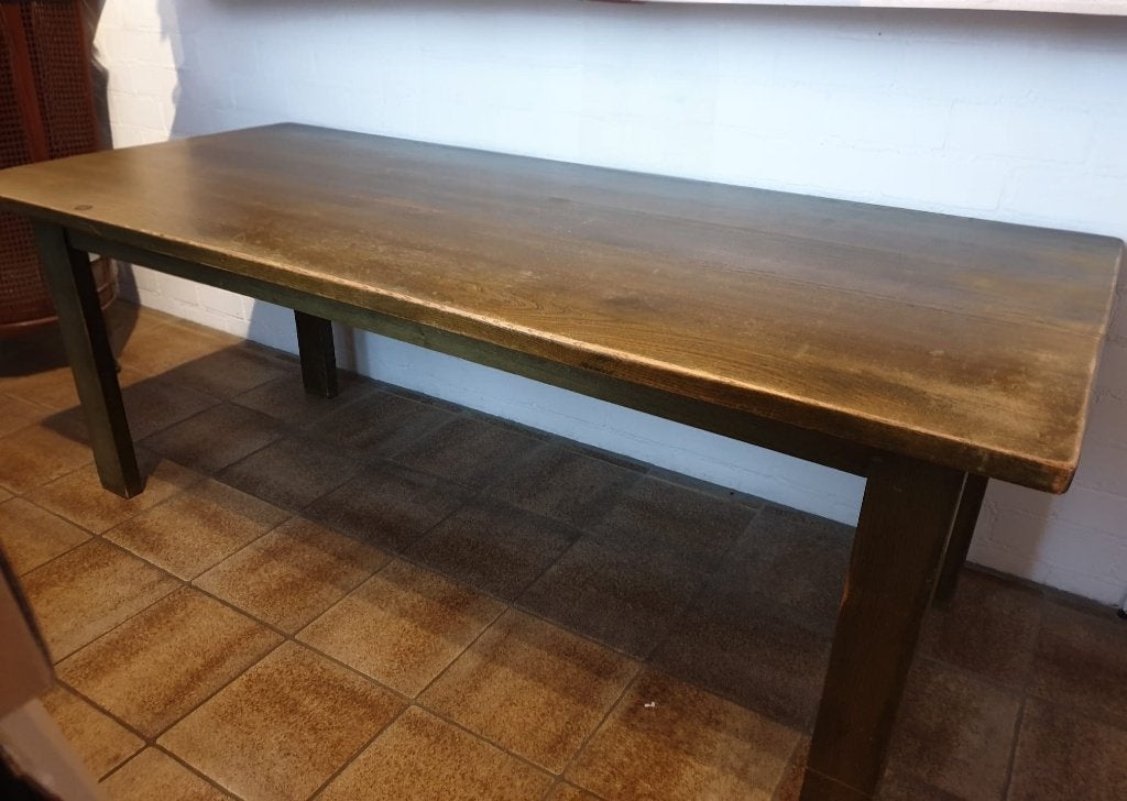 Vintage massief eiken eettafel met 6 houten stoelen, Ophalen, Gebruikt, Eikenhout, 50 tot 100 cm