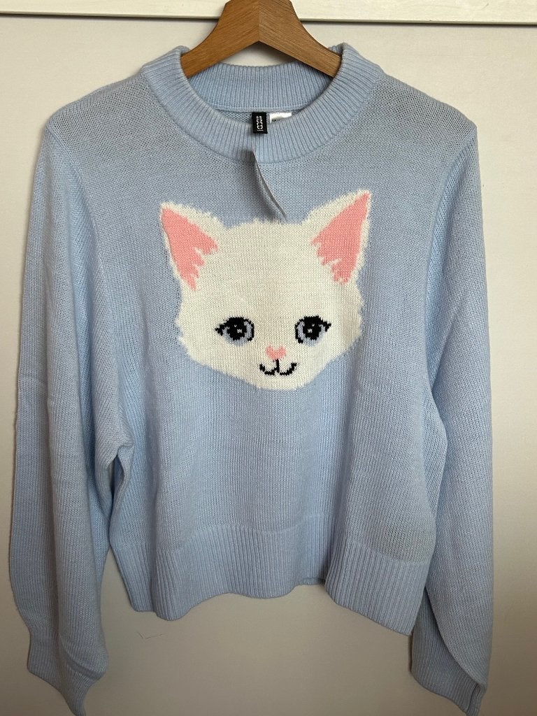 H&M Divided lichtblauwe trui met poes maat M, Kleding | Dames, Maat 38/40 (M), H&M, Blauw, Nieuw