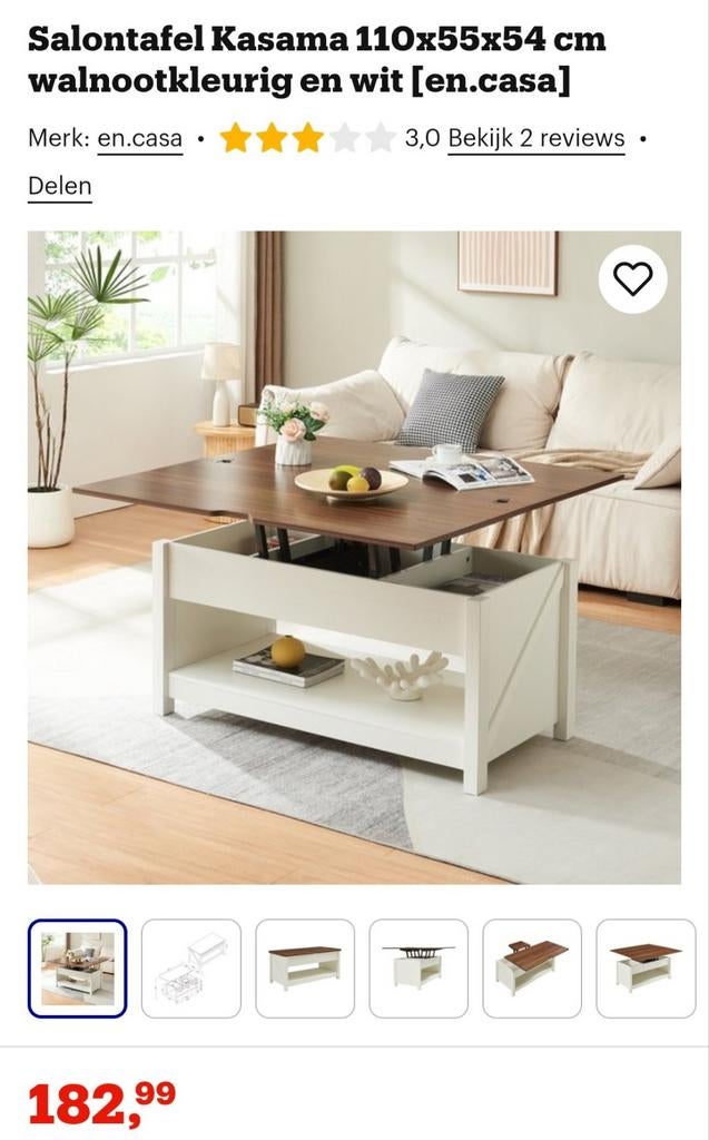 Uitschuifbare salontafel walnootkleurig en wit, Ophalen, 100 tot 150 cm, 50 tot 100 cm, Minder dan 50 cm