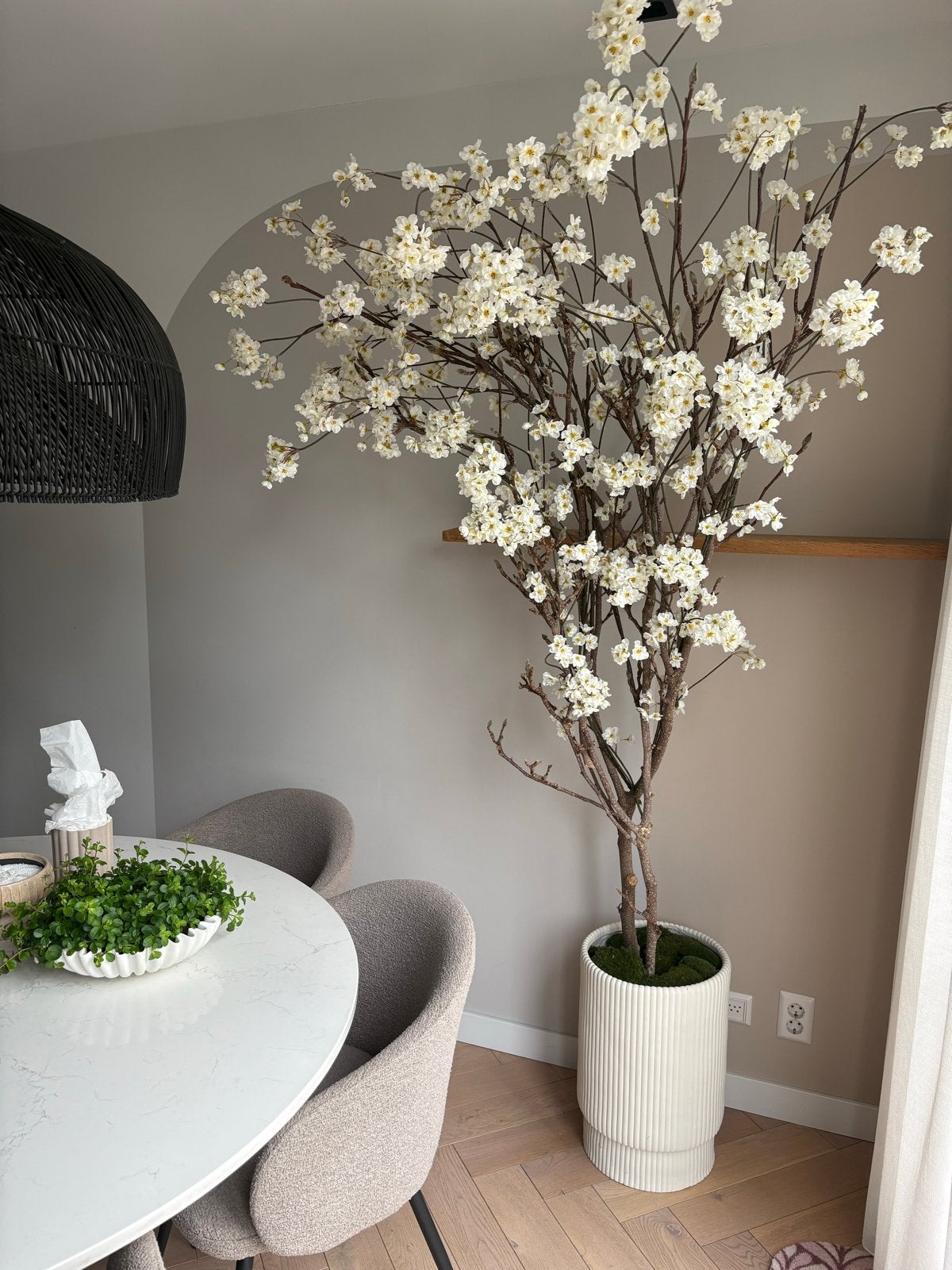 Zijde Bloesemboom met Pot en Behandeld Mos, Ophalen, Nieuw, Wit, Textiel